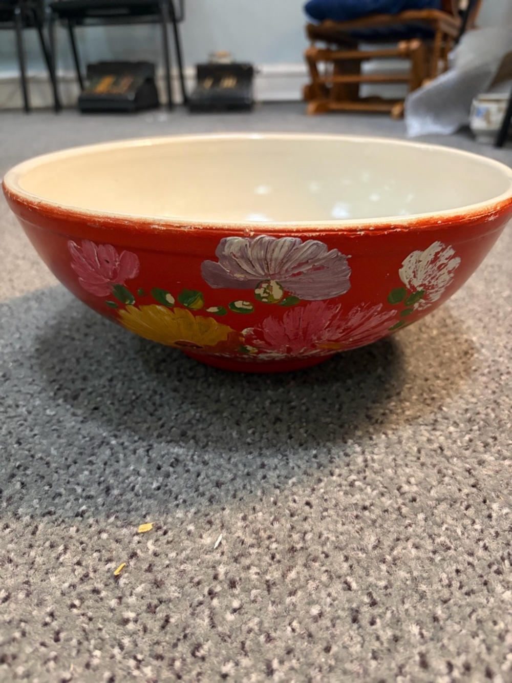 Vintage ransburg Hand-Painted Floral Serving Bowl - Red Exterior, Cream Interior